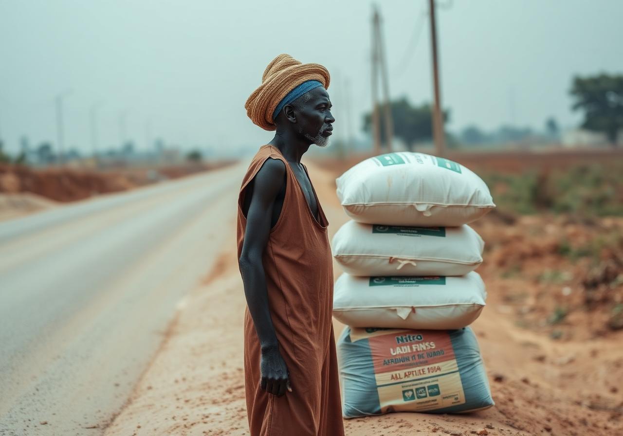 A farmer waiting beside sacks of agricultural inputs on a rural roadside